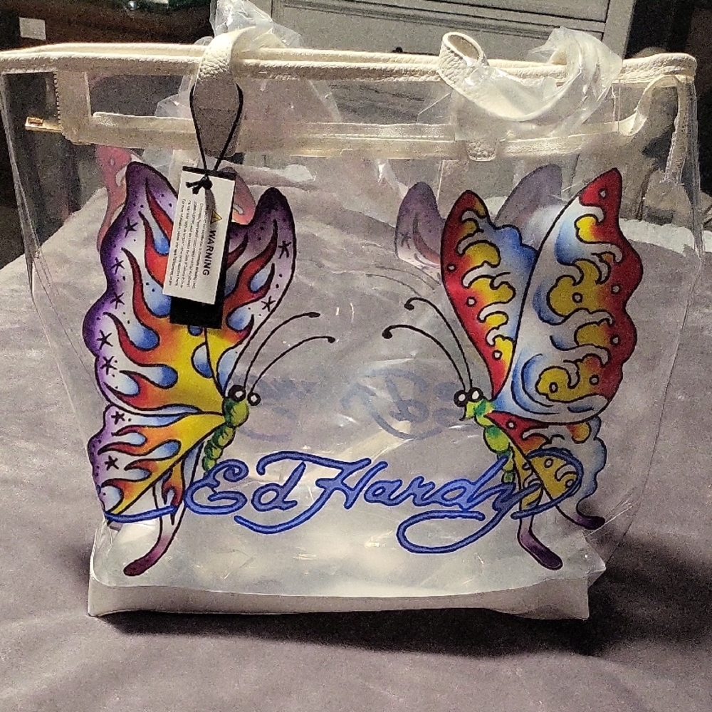 Ed Hardy Clear Tote with Colorful Butterfly Design